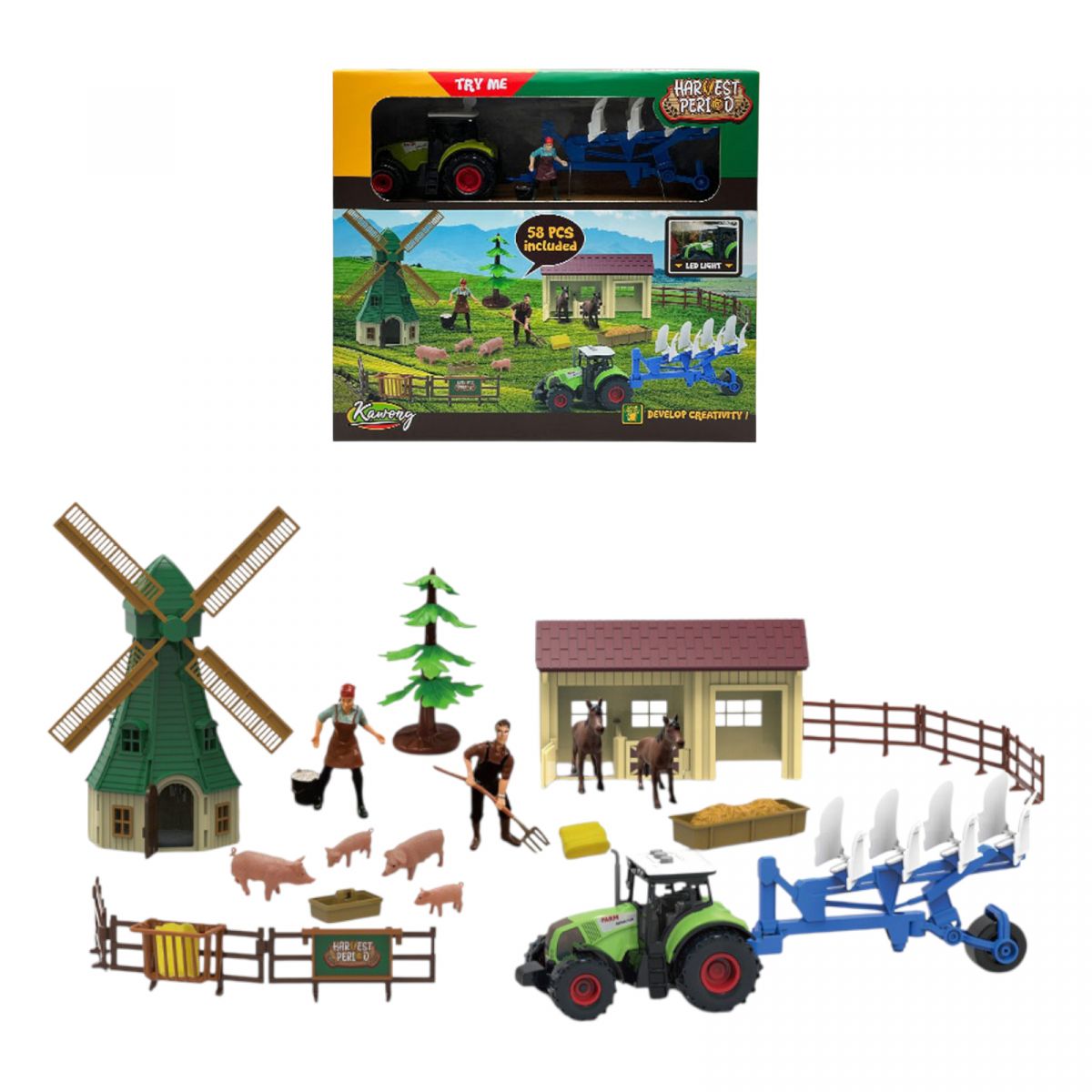 Ферма 58 елементів, трактор на батарейках, звуки, підсвічування, ігрові фігурки, вітряк, будинок, в коробці  фото 3