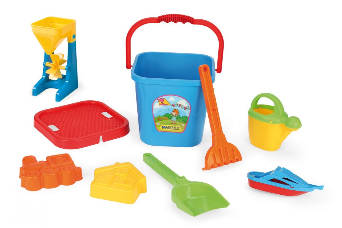 Набір для пiску (великий), лопатка, граблі, відро, млин, лійка, 2 цікаві формочки, кораблик і сито  фото 3