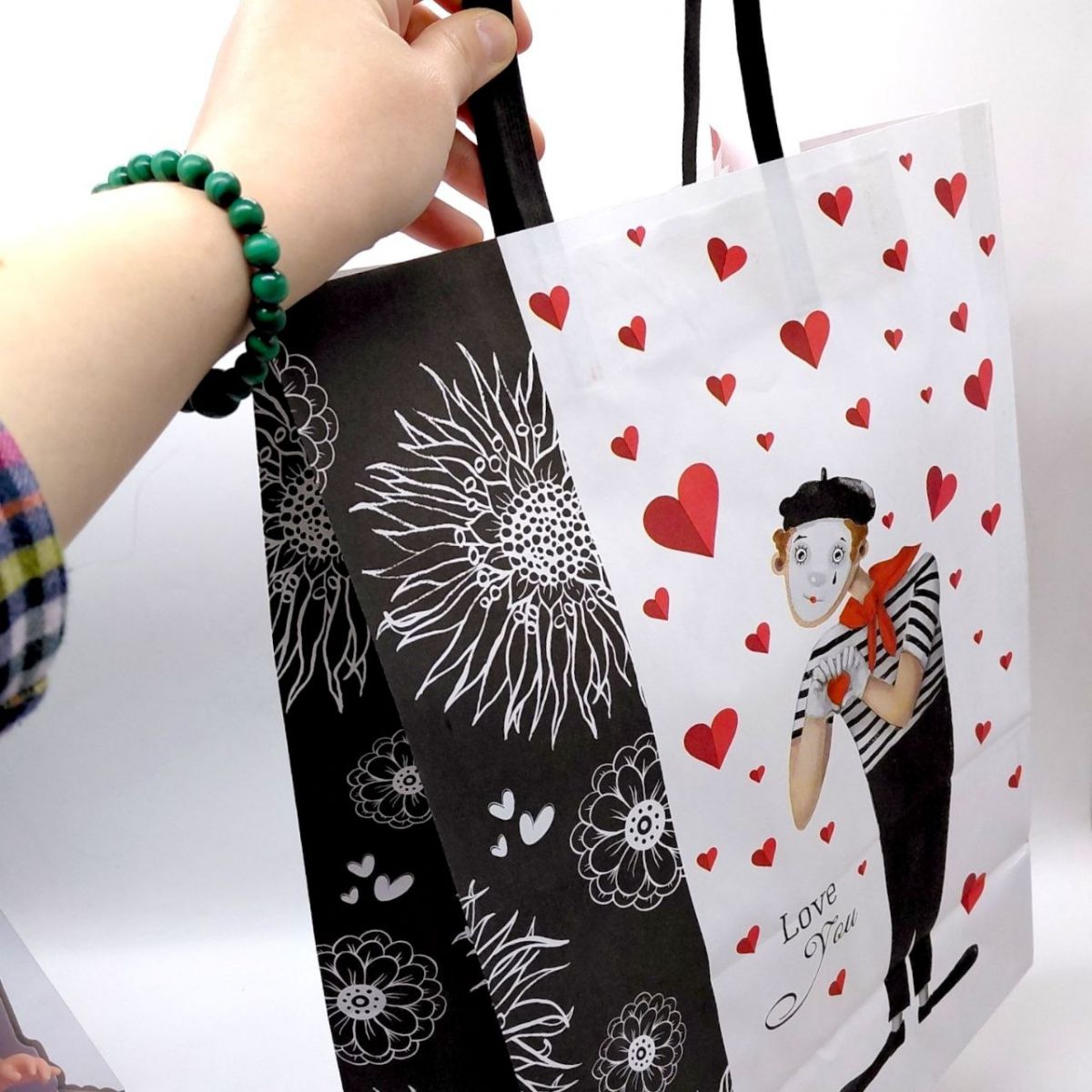 Пакет паперовий КРАФТ білий "Закоханий мім" 32*15*42см  фото 3