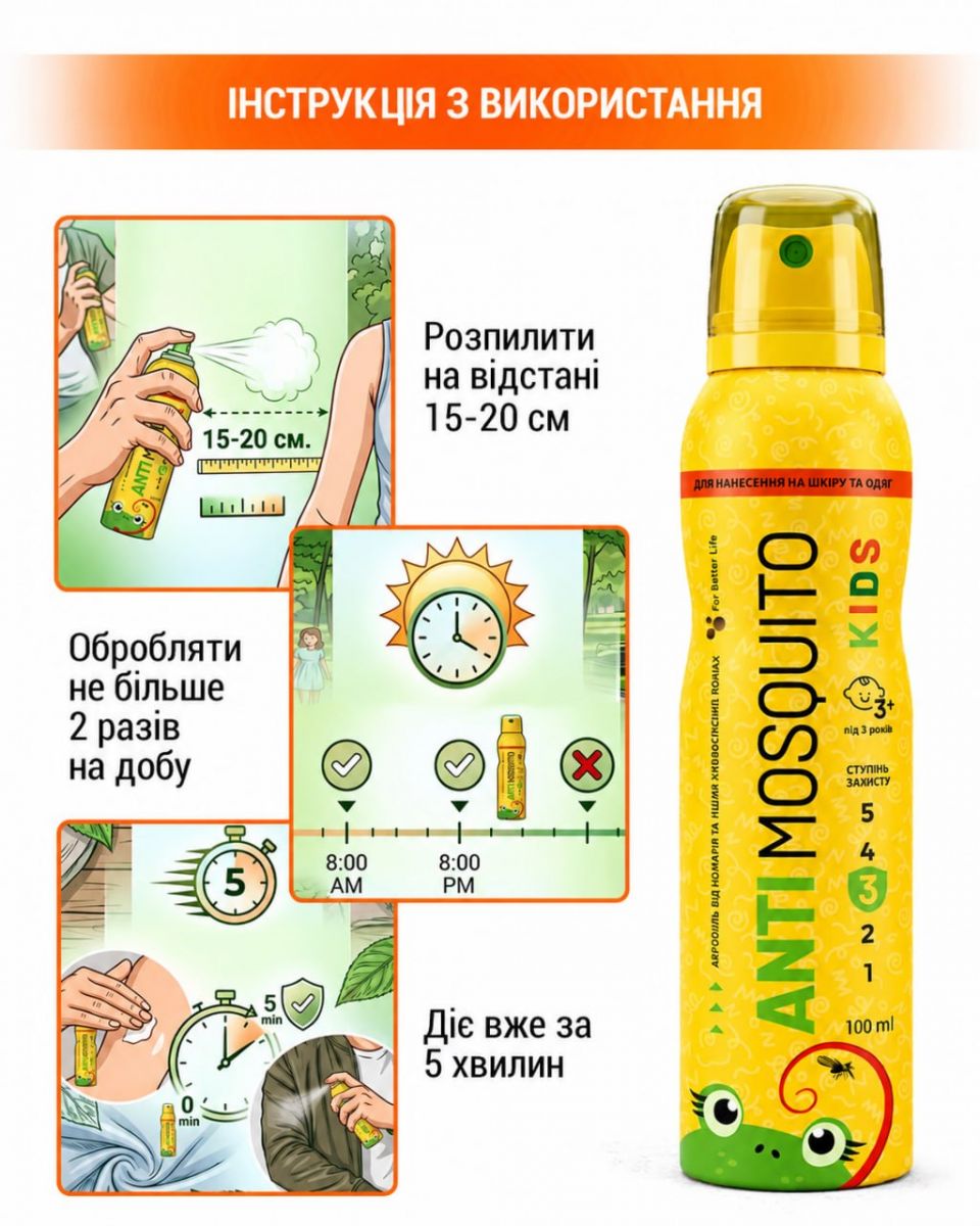 Аерозоль від комарів (та кровосисних комах) "Anti Mosquito" Для дітей від 3-х років, 100мл  фото 3