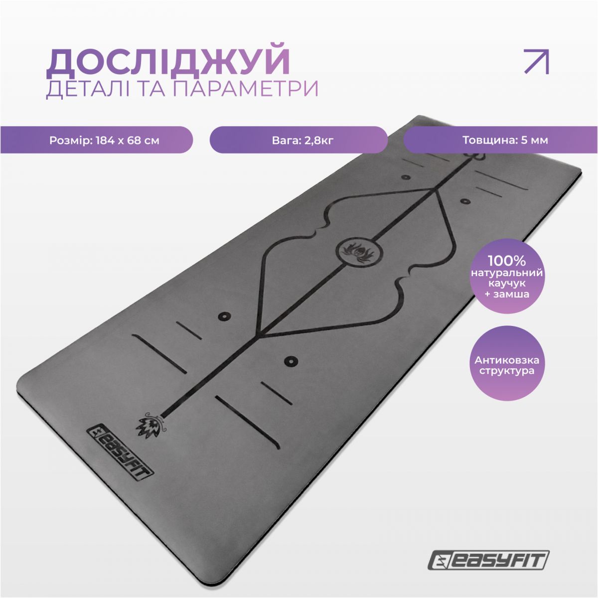 Коврик для йоги профессиональный EasyFit Pro каучук 5 мм Черный  фото 3