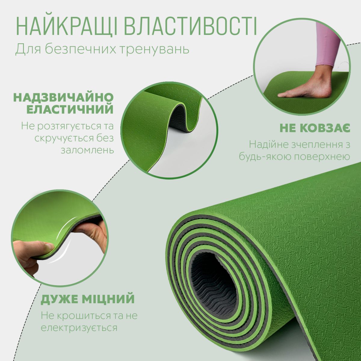 Килимок для йоги та фітнесу EasyFit TPE+TC 6мм двошаровий зелений-чорний  фото 3