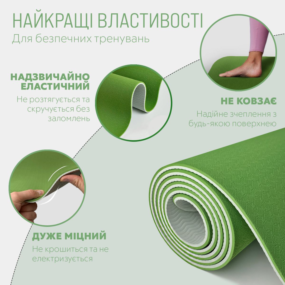 Коврик для йоги и фитнеса EasyFit TPE+TC 6 мм двухслойный зеленый-серый  фото 3
