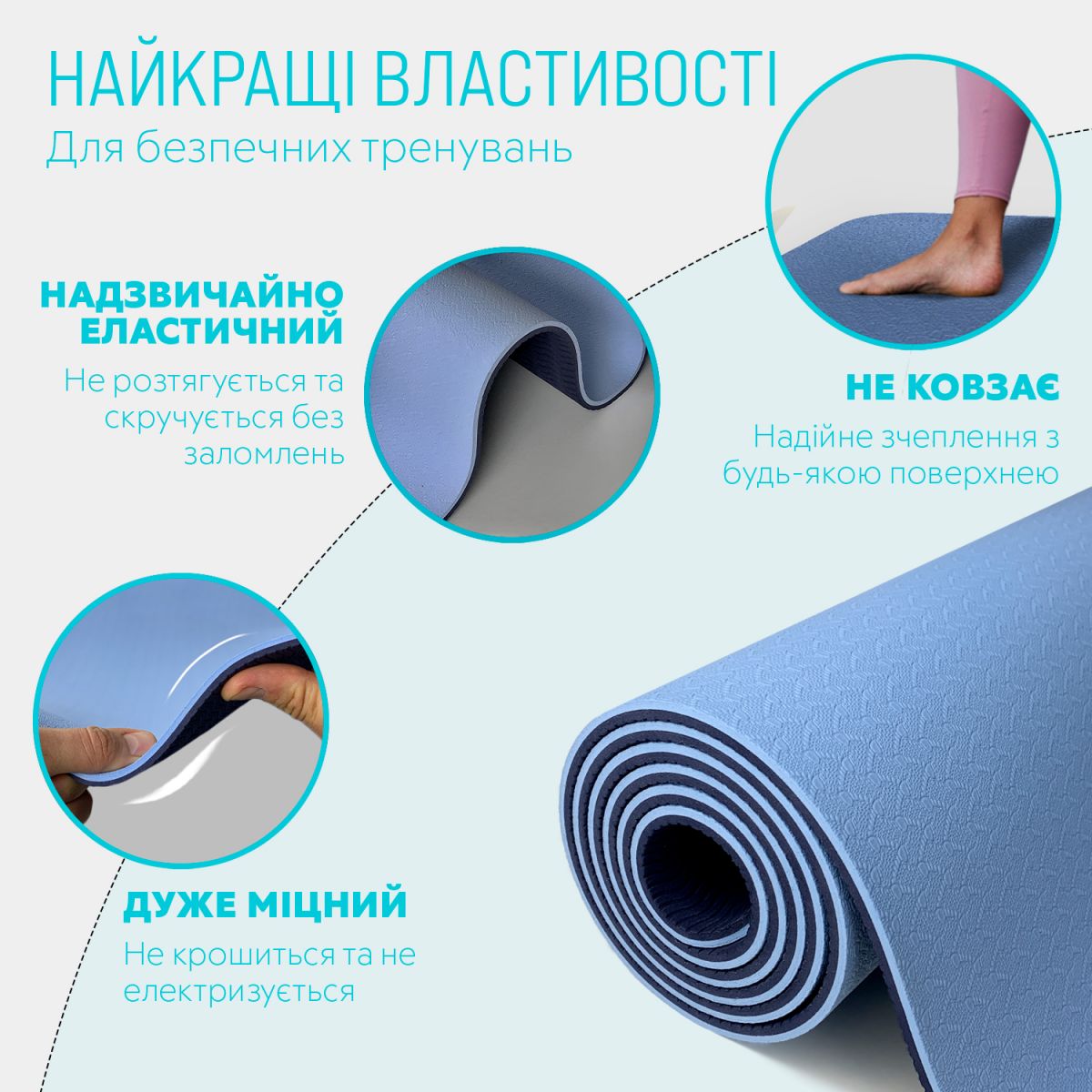 Коврик для йоги и фитнеса EasyFit TPE+TC 6 мм двухслойный + Чехол голубой-синий  фото 3