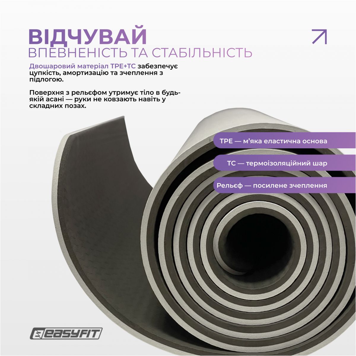 Килимок для йоги та фітнесу EasyFit Polarity stone з ремнем  фото 3