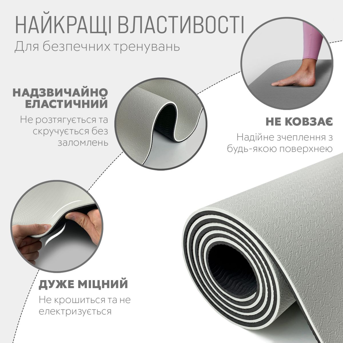 Килимок для йоги та фітнеса EasyFit TPE+TC 6мм двошаровий + Чохол сірий з чорним  фото 3