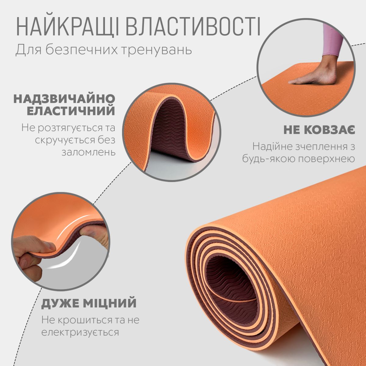 Коврик для йоги и фитнеса EasyFit TPE+TC 6 мм двухслойный + Чехол персиковый-коричневый  фото 3