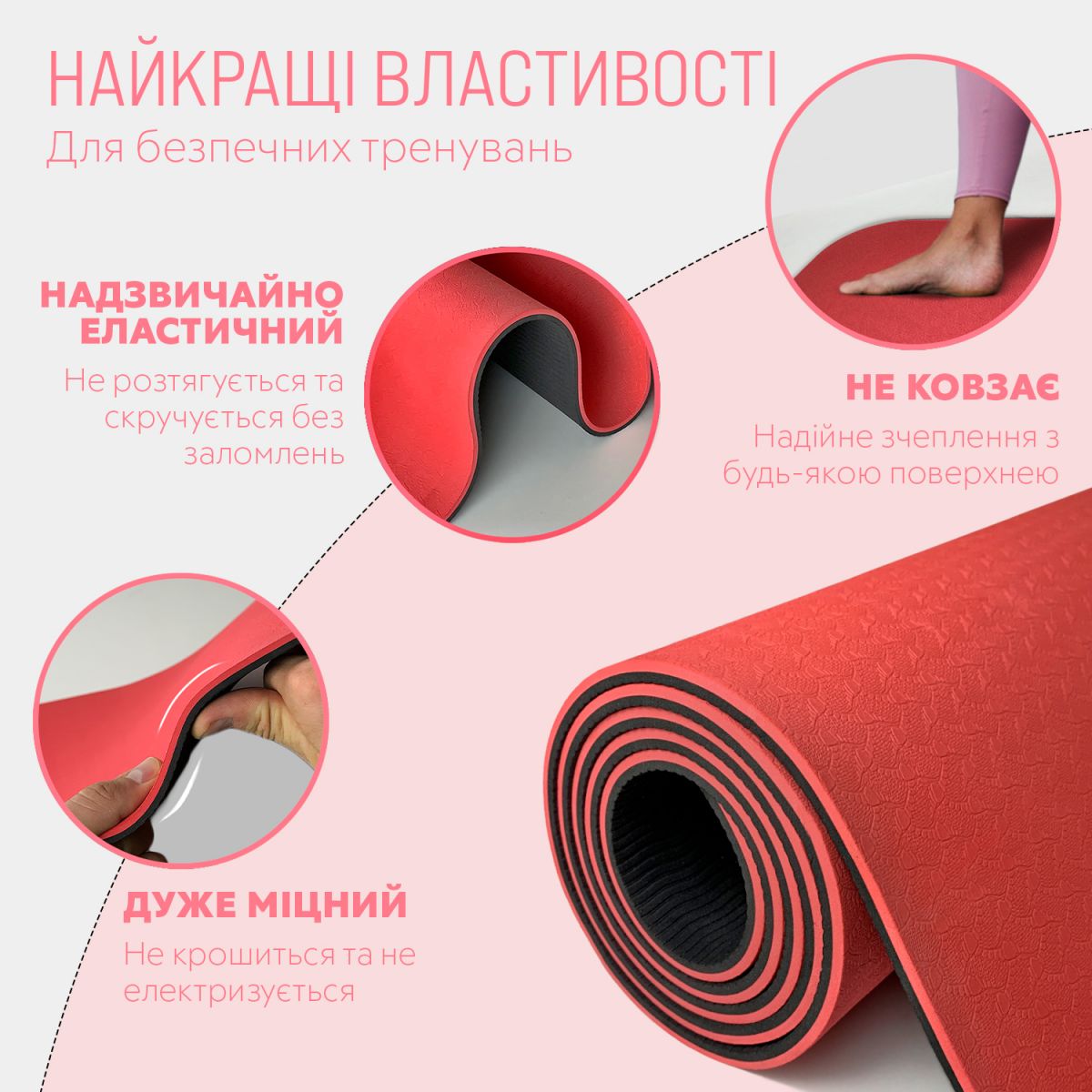 Килимок для йоги та фітнеса EasyFit TPE+TC 6мм двошаровий + Чохол червоний з чорним  фото 3