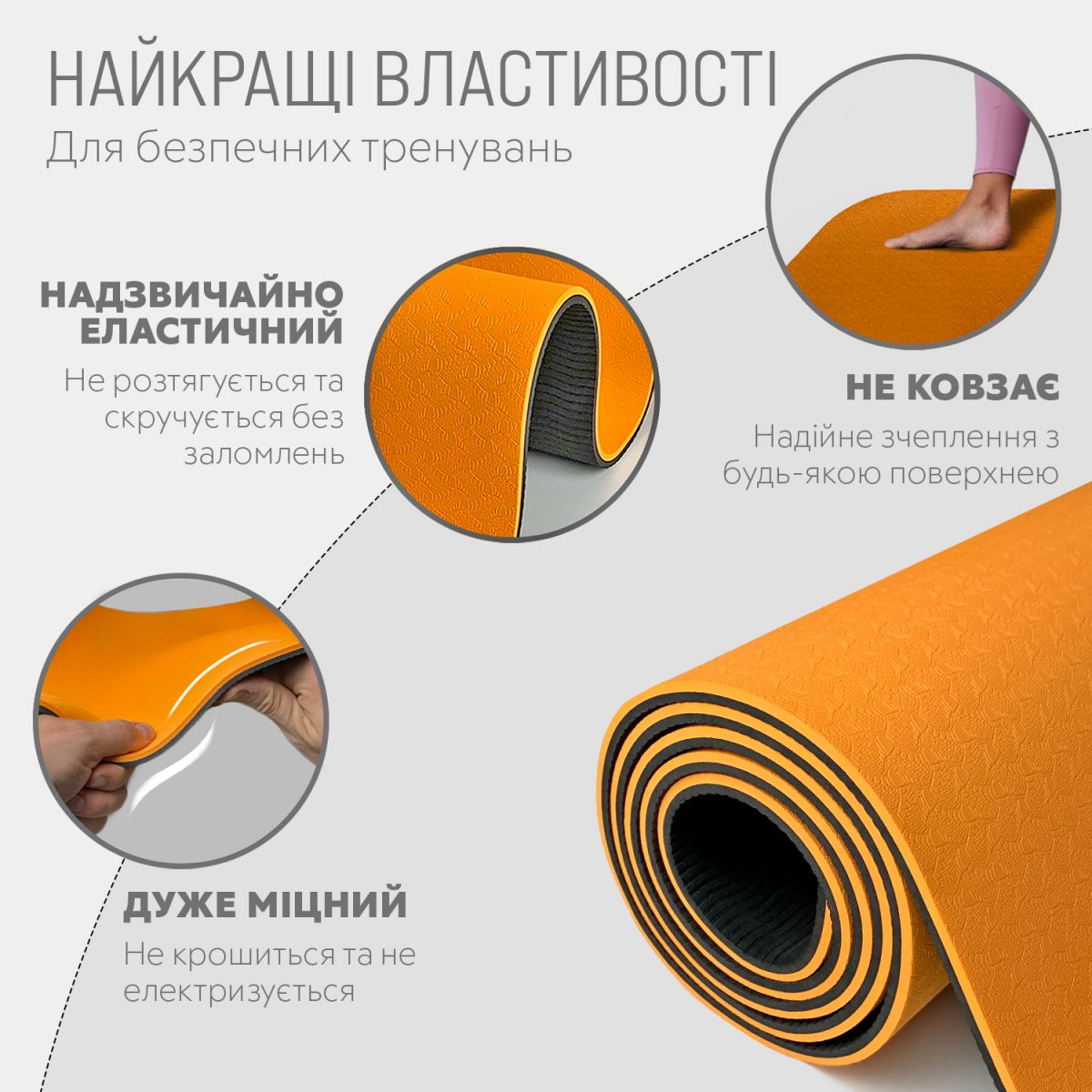 Коврик для йоги и фитнеса EasyFit TPE+TC 6 мм двухслойный + Чехол оранжевый с черным  фото 3