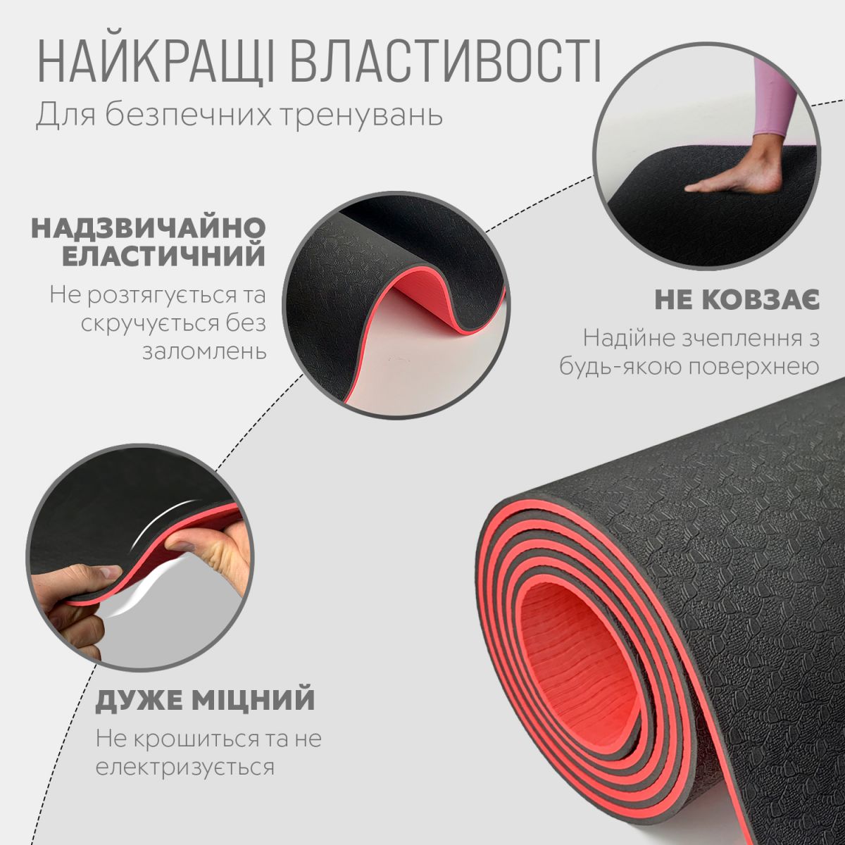 Коврик для йоги и фитнеса EasyFit TPE+TC 6 мм двухслойный + Чехол черный с красным  фото 3