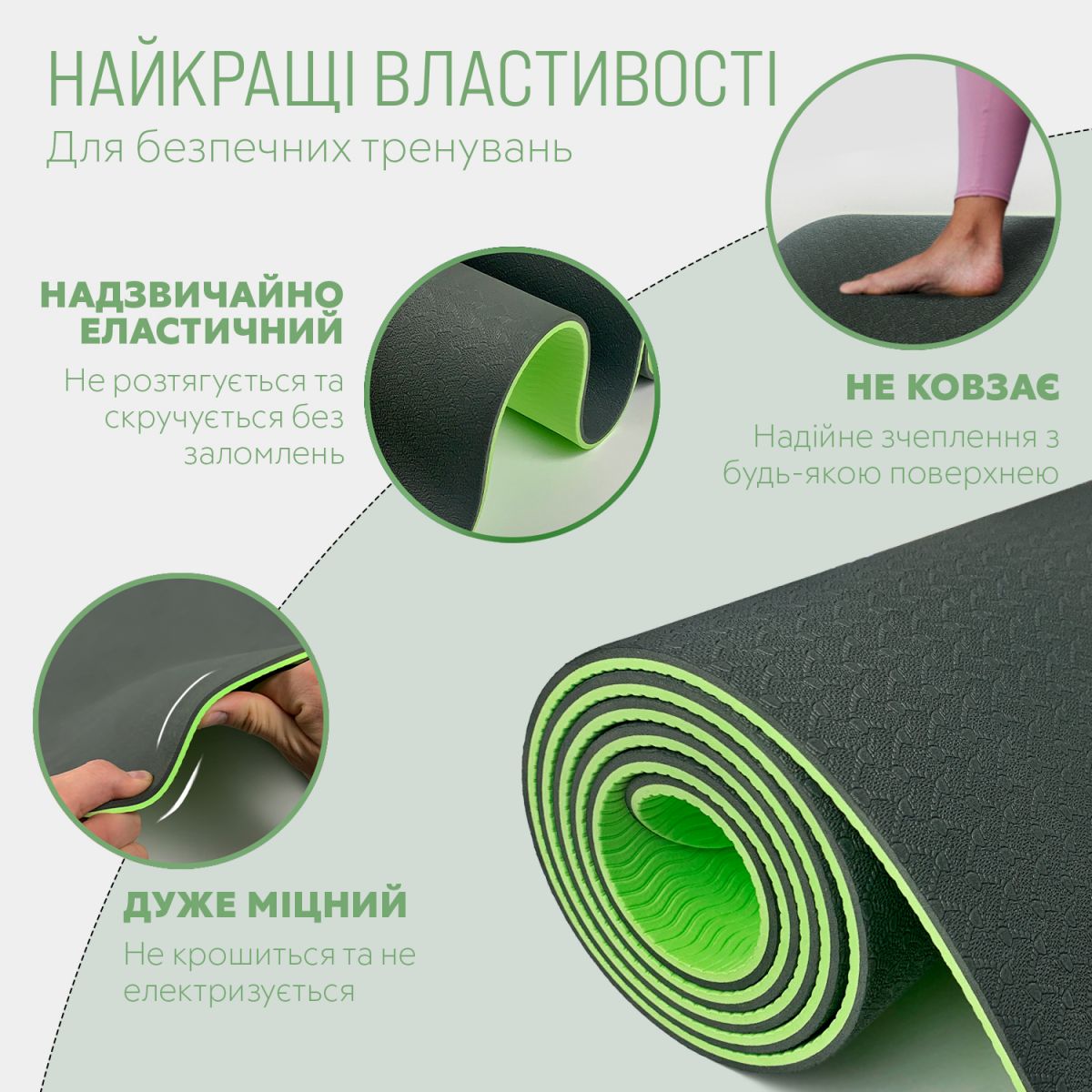 Коврик для йоги и фитнеса EasyFit TPE+TC 6 мм двухслойный черный-зеленый  фото 3