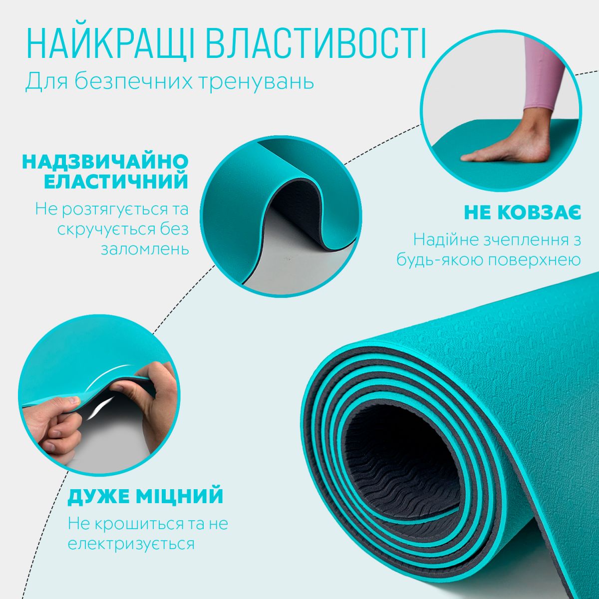 Килимок для йоги та фітнесу EasyFit TPE+TC 6 мм двошаровий м'ятний-чорний  фото 3