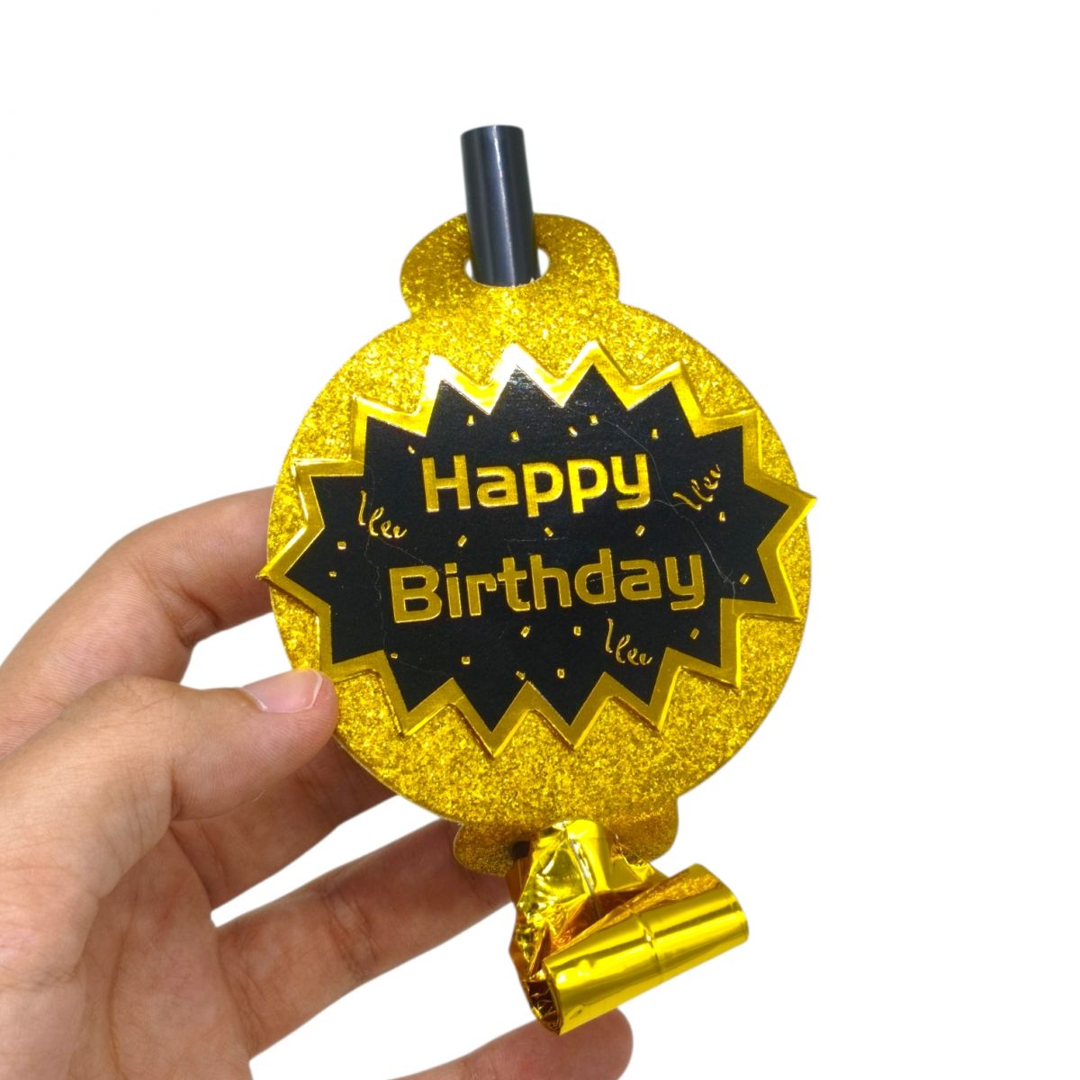 Набір карнавальних фольгованих свистків "Happy Birthday" з колом 6 штук (ЗОЛОТИСТИЙ)  фото 3