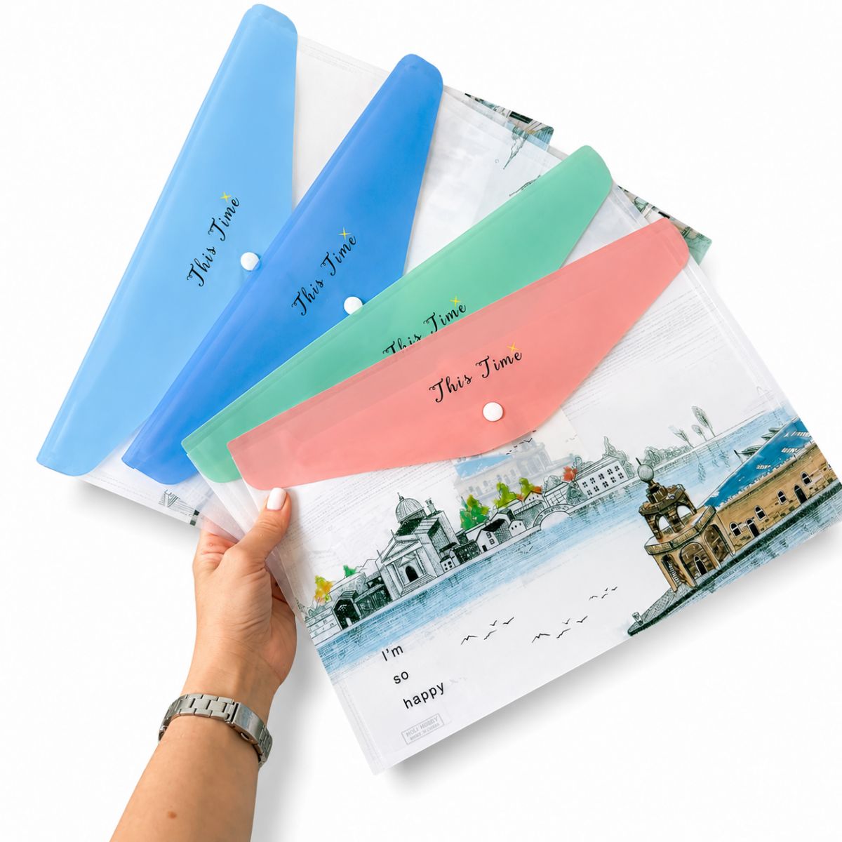 Папка-конверт на кнопці А4+ "Міста" 18мкм (ЗЕЛЕНИЙ)  фото 3