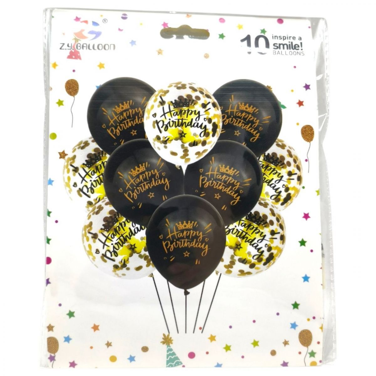 Набір повітряних кульок "Happy birthday" 10шт*30см золоті, чорні  фото 1