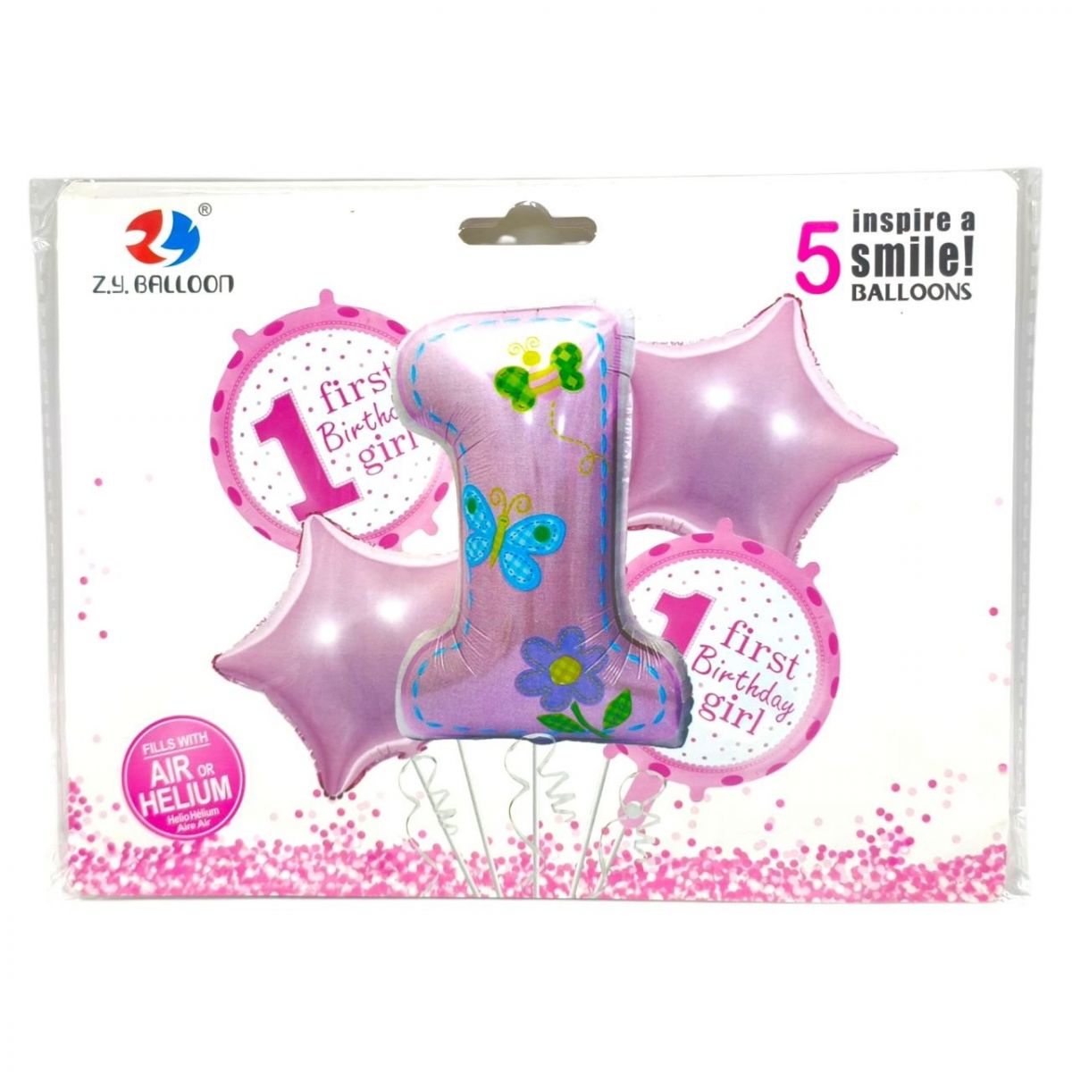 Кулі фольговані набір "First birthday-Girl" 5шт. =1шт*80см+4шт*45см (36130)  фото 1
