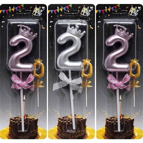 Свеча-цифра "2" с короной (микс цветов)  фото 1