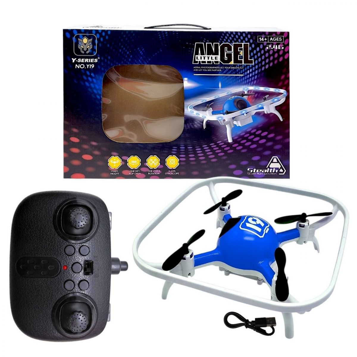 Квадрокоптер, съемный аккумулятор 3. 7V, пульт 2. 4 GHz, USB-кабель, headless mode, цветная подсветка, (СИНИЙ)  фото 1