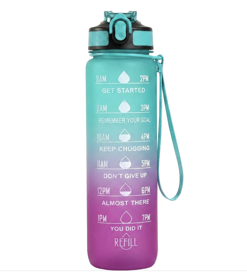Пляшка для води 1000 мл, трубочка, в пакеті (БІРЮЗОВА)  фото 1