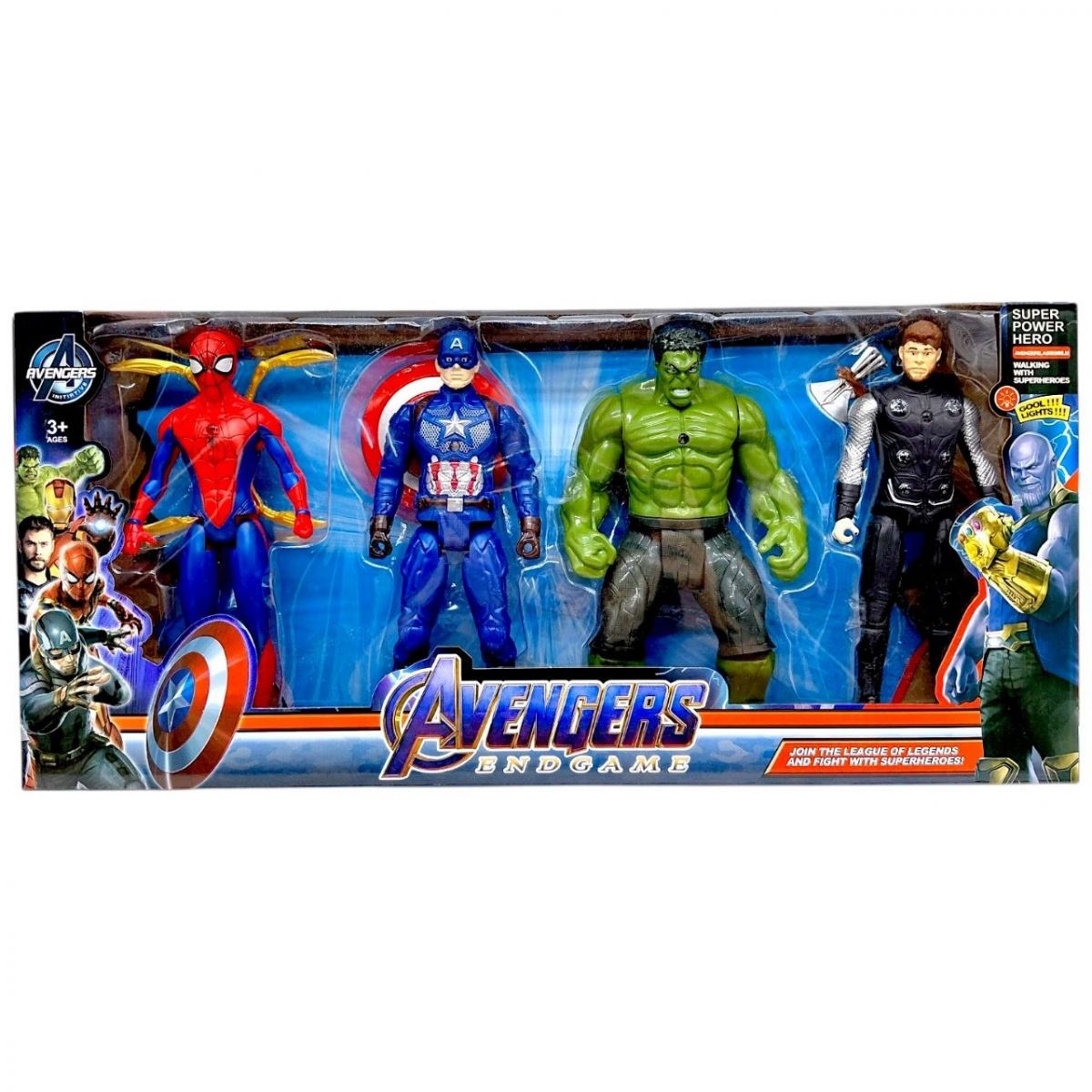 Набір героїв "Месники/Avengers" 4 фігурки, висота: 19. 5 см, рухомі кінцівки, підсвічування, щит, зброя, в коробці  фото 1