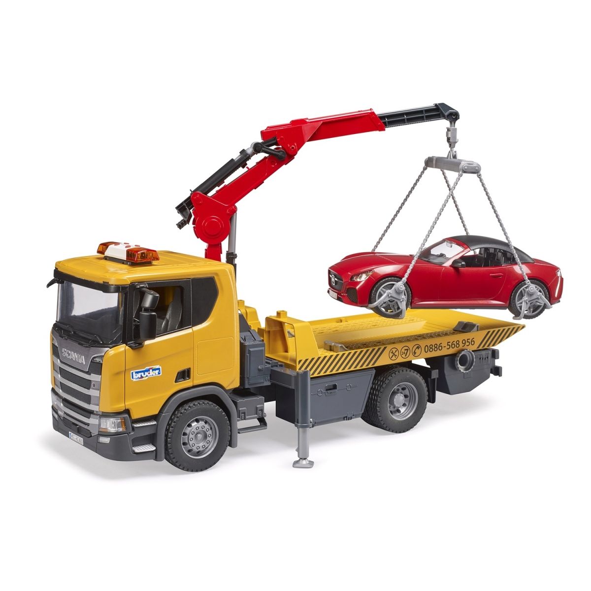 Набор игрушечный.  Эвакуатор Scania Super 560R с краном-манипулятором и автомобиль Roadster Bruder  фото 1