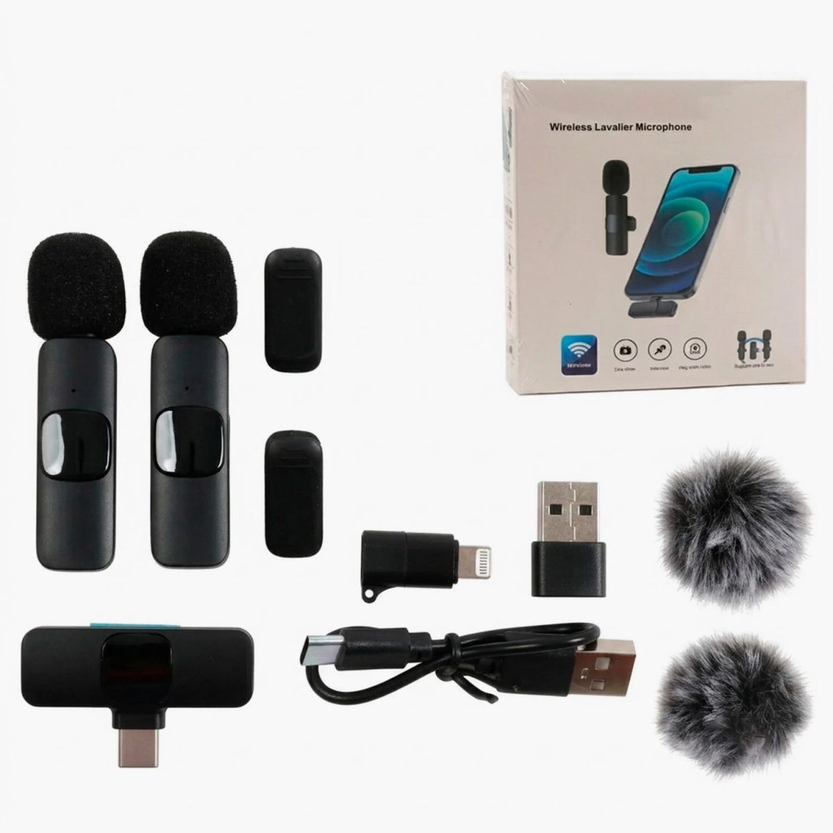 Набор 2 микрофона, беспроводное подключение, USB-кабель, меховая ветрозащита  фото 1