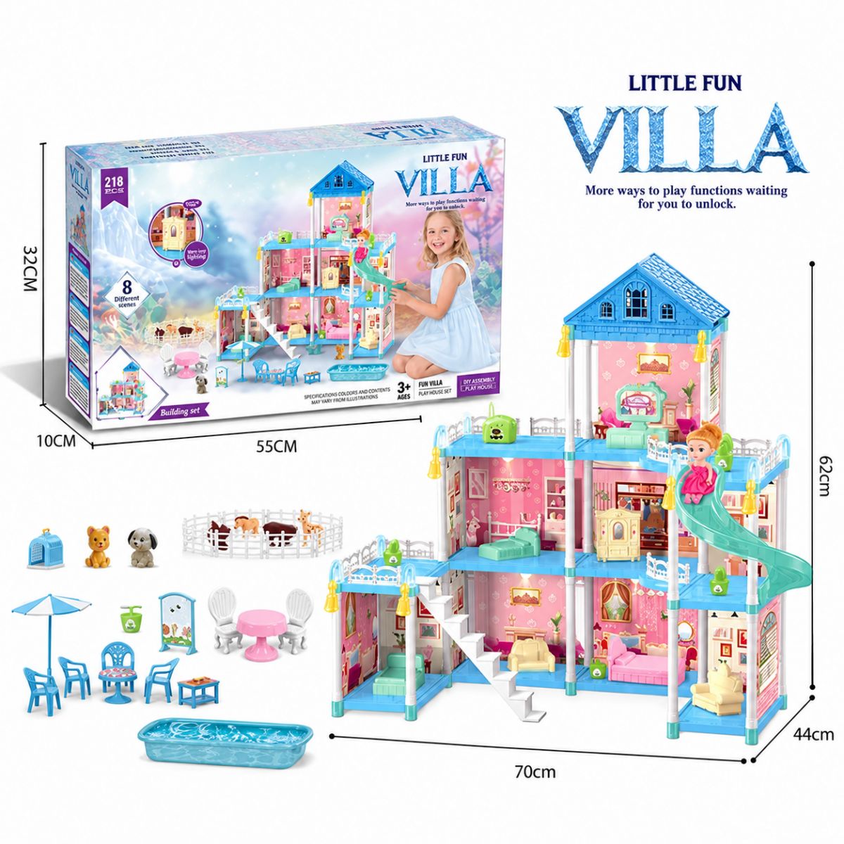 Будиночок Villa, гірлянда, гірка, басейн, меблі лялька  фото 1