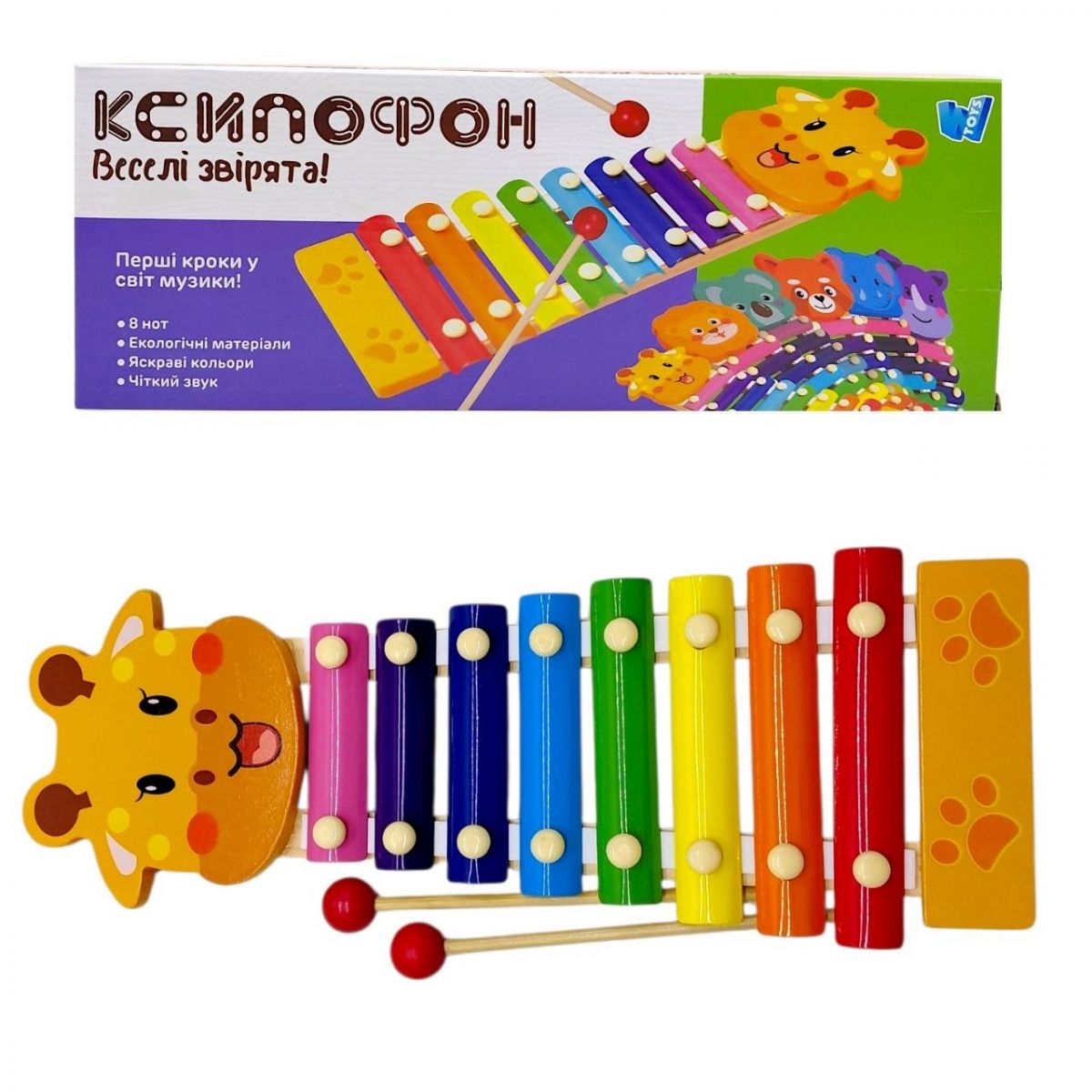 Ксилофон WToys, “Тварини”, дерев’яний, 8 нот, молоточки, в коробці (ЖИРАф)  фото 1