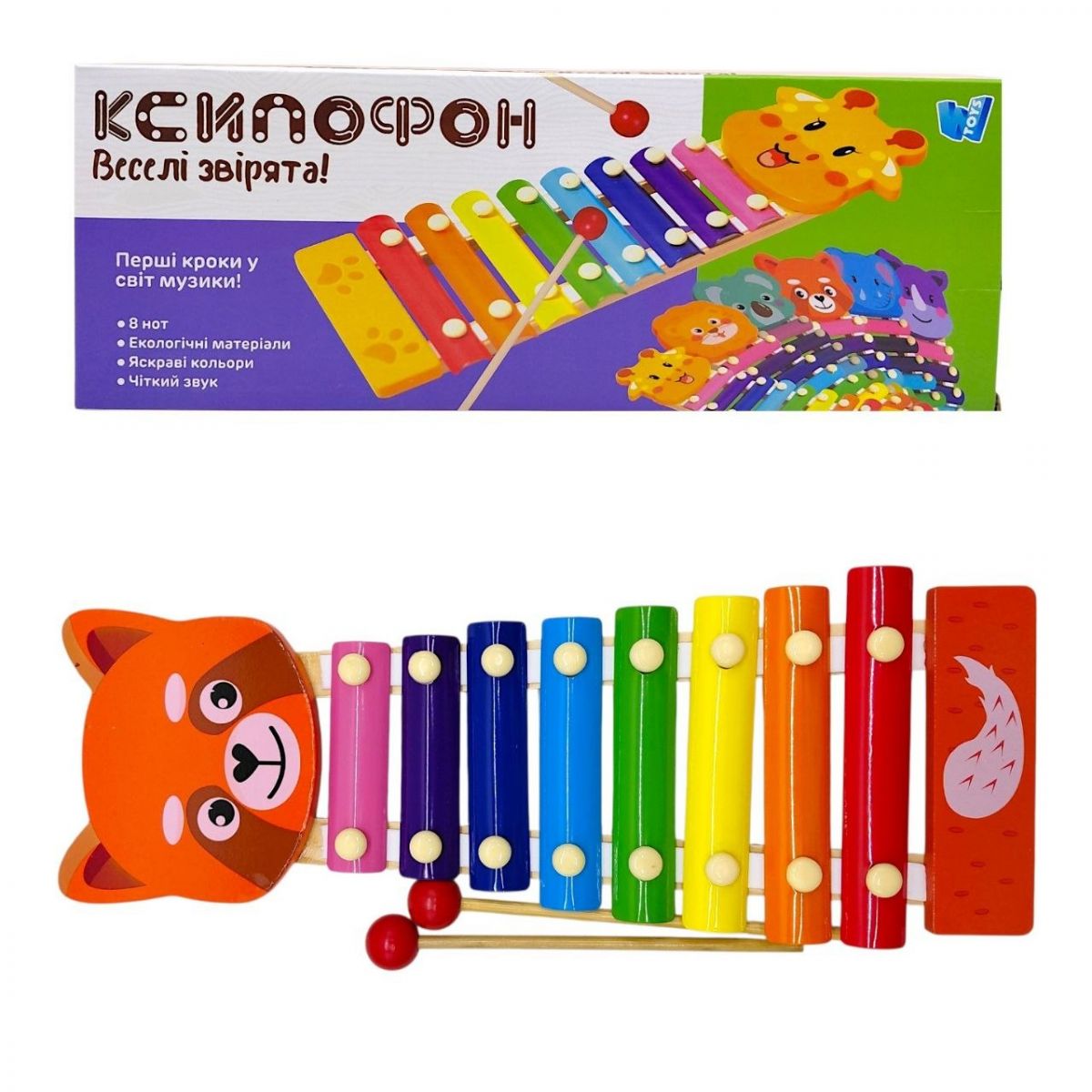 Ксилофон WToys, "Животные", деревянный, 8 нот, молоточки, в коробке (КРАСНАЯ ПАНДА)  фото 1