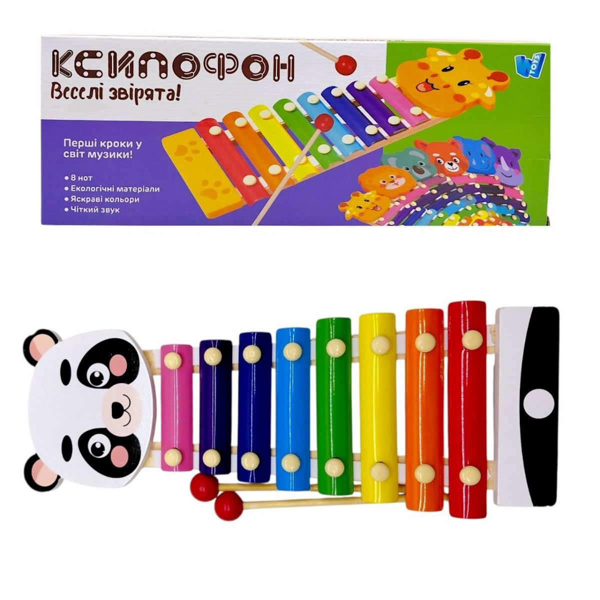 Ксилофон WToys, “Тварини”, дерев’яний, 8 нот, молоточки, в коробці (ПАНДА)  фото 1