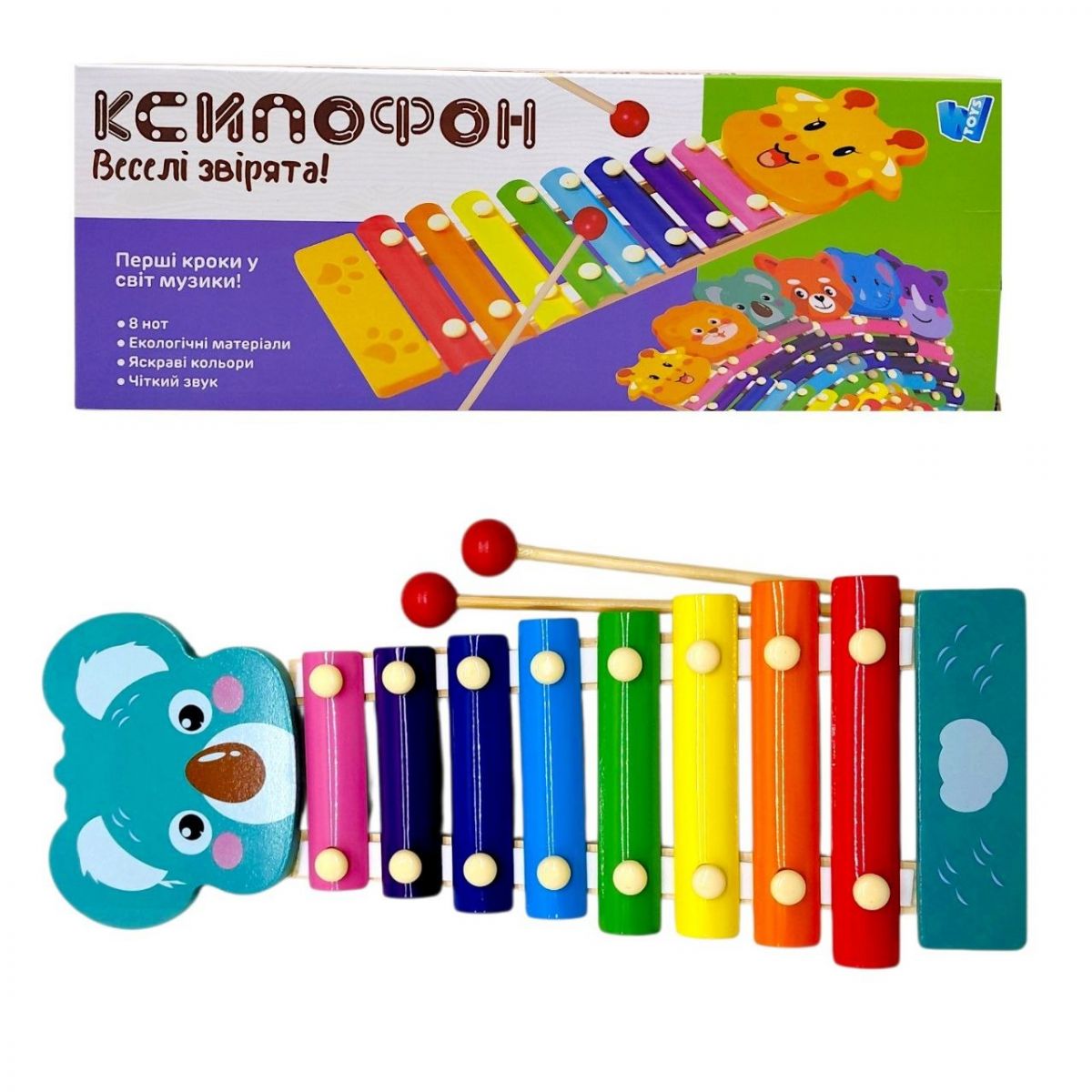 Ксилофон WToys, "Животные", деревянный, 8 нот, молоточки, в коробке (КОАЛА)  фото 1