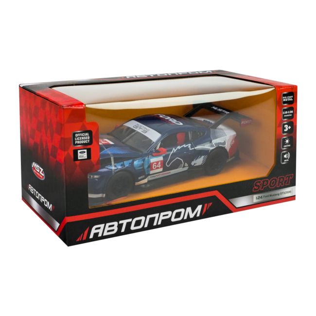 Машина металлическая АВТОПРОМ на батарейках 1:24 Ford Mustang GT3（2024), с звуками, светом  фото 1