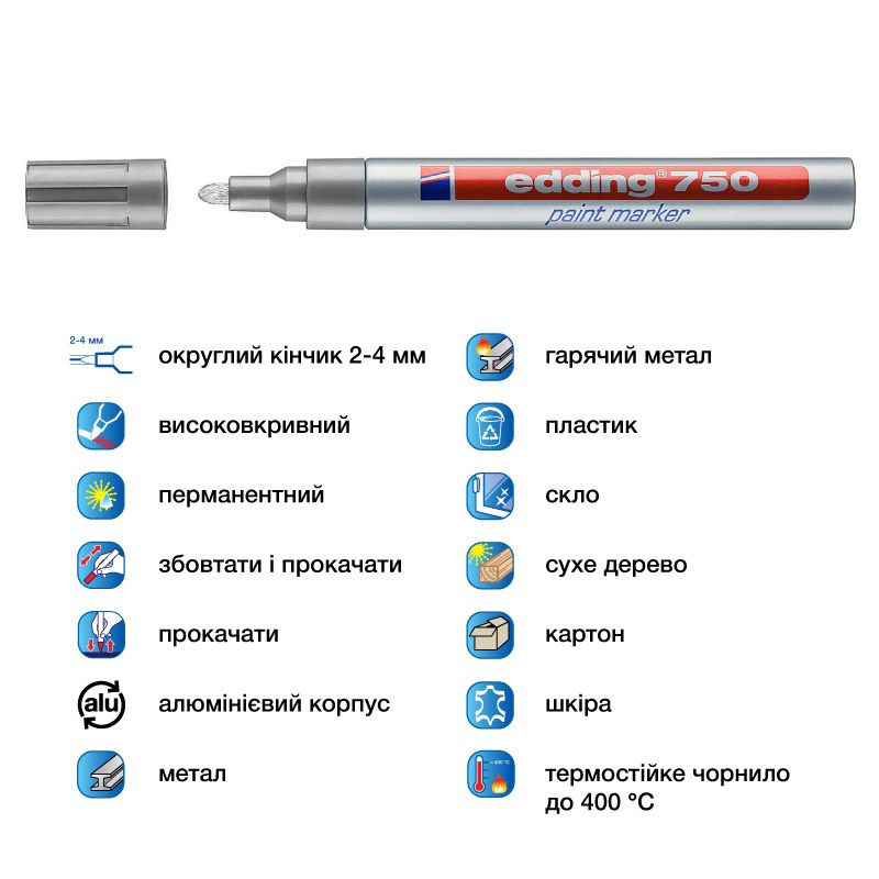 Маркер Paint e-750 2-4 мм круглий срібний фото 4 Маркер Paint e-750 2-4 мм круглий срібний фото 4