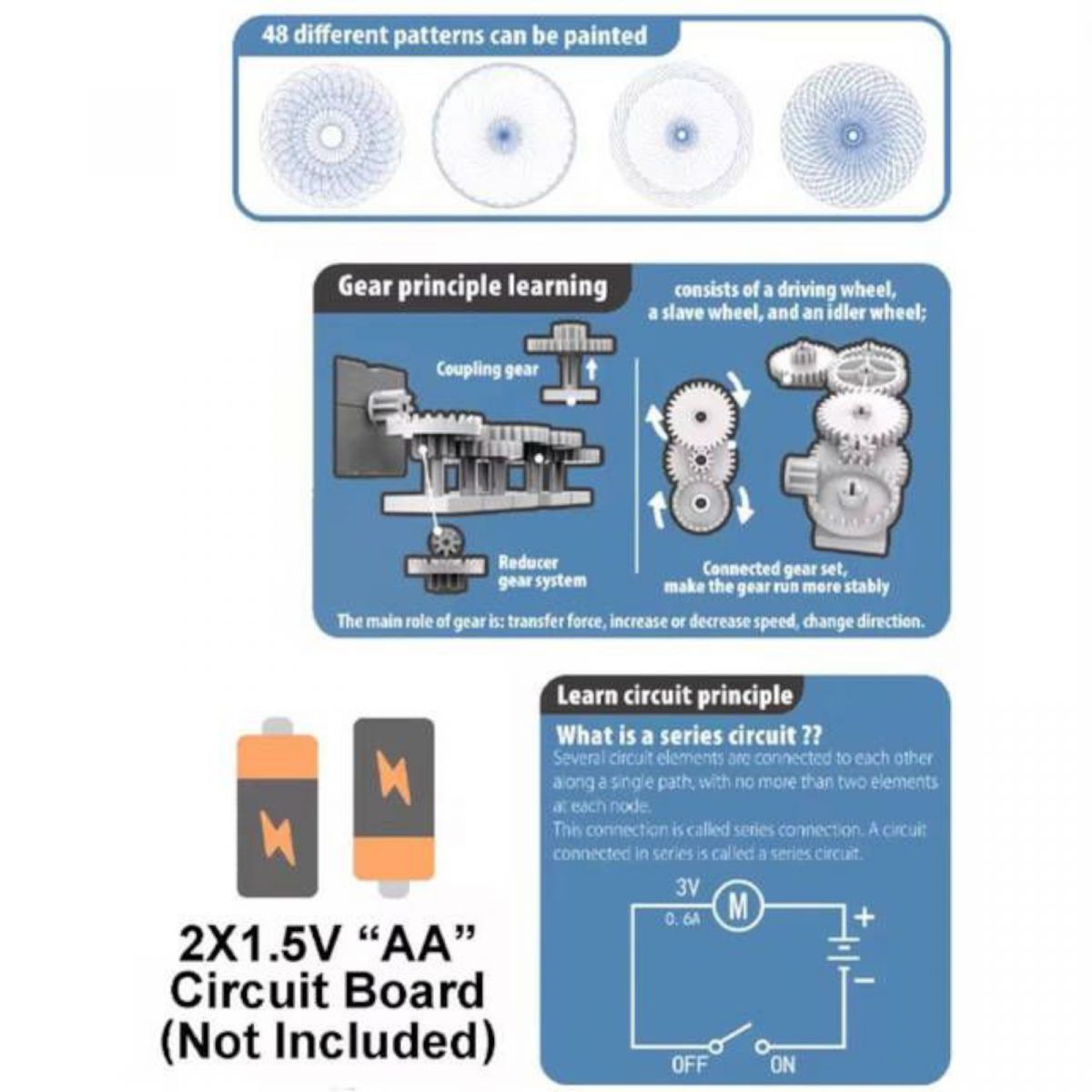 Конструктор електронний “Спірограф”, 37 елементів, 48 візерунків, QR-код з відео майстер-класом, на батарейках, інструкція, в коробці  фото 4