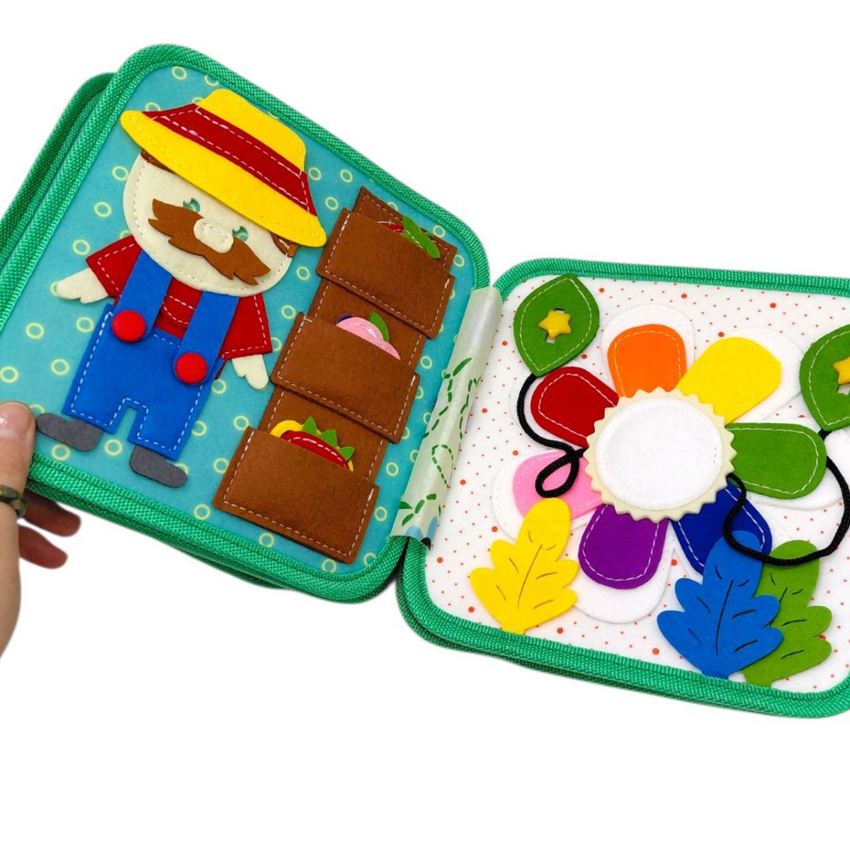 Мʼяка книжка бізіборд (фетр, намистини, прозора кишеня, цифри, елементи на липучках та кнопках, овочі, фрукти, комахи)  фото 4