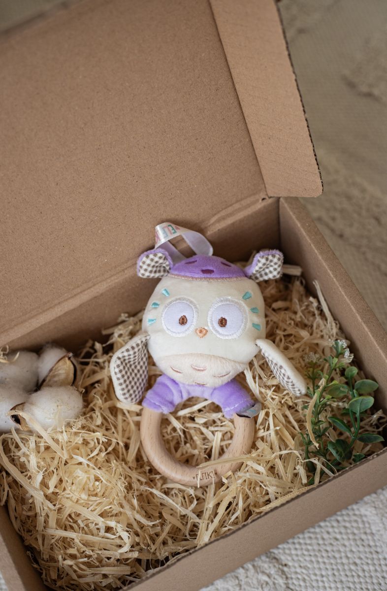 Іграшка - брязкальце з дерев'яним гризунцем сова Мія, ELFIKI  фото 4