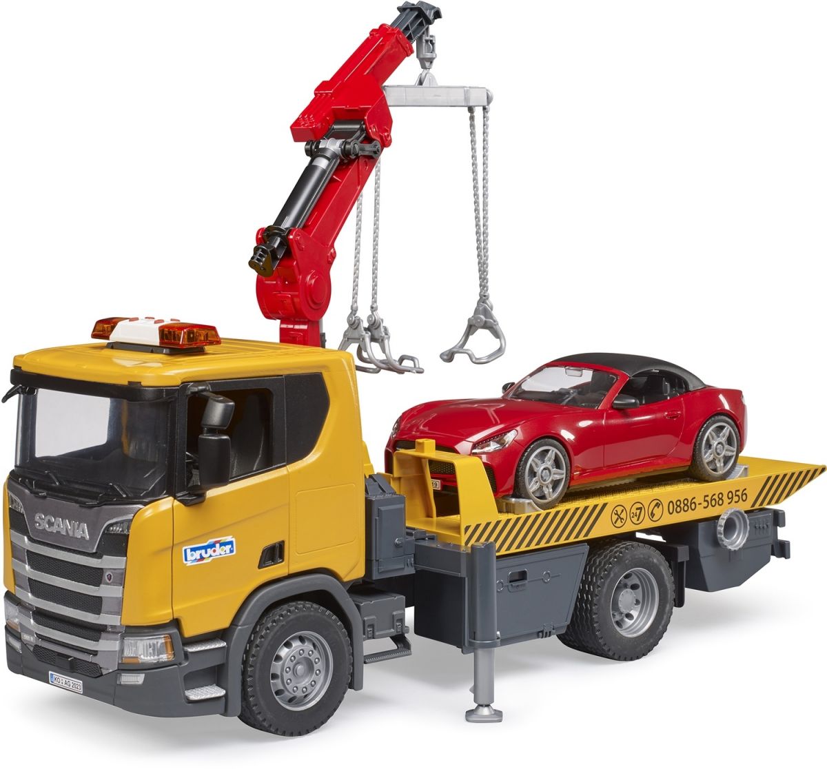 Набор игрушечный.  Эвакуатор Scania Super 560R с краном-манипулятором и автомобиль Roadster Bruder  фото 4