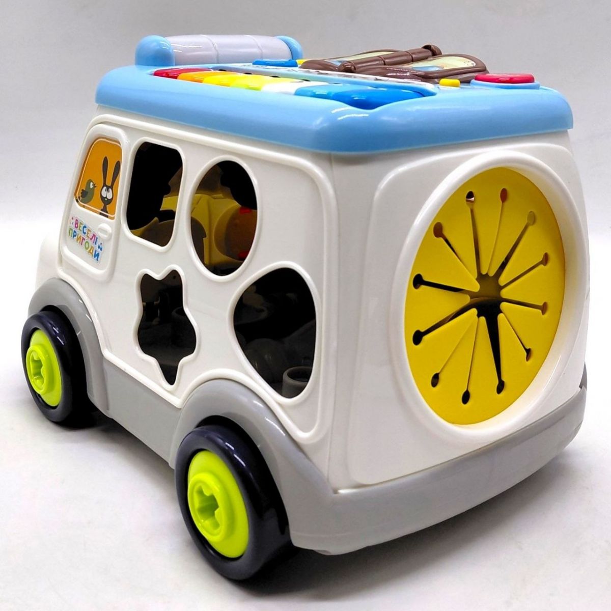 Музичний бізібус 45585 (12) “WToys”, 2 види, ОЗВУЧУВАННЯ УКРАЇНСЬКОЮ МОВОЮ, каталка, підсвічування, пісні, ноти, мелодії, кілька режимів, сортер, шестерні, тріскачки, в коробці  фото 4