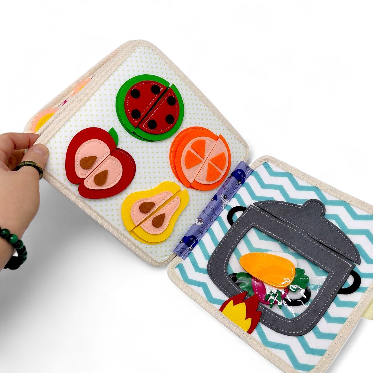 Мʼяка книжка-бізіборд (фетр, пальчикові ігри, сортер, елементи на липучках)  фото 5