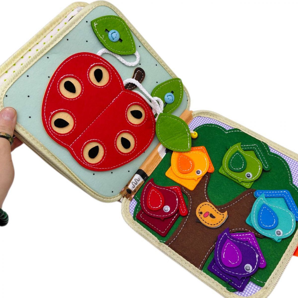 Мʼяка книжка-бізіборд (фетровий, вивчення форм, кольорів, тварин, пальчикові ігри, на липучках)  фото 5