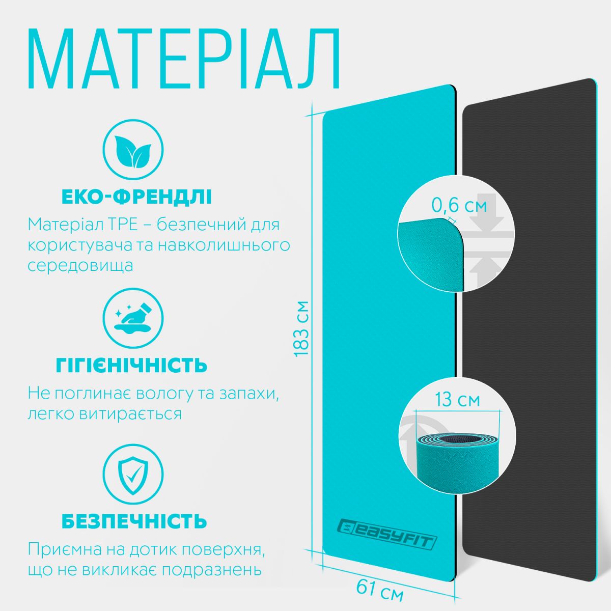 Килимок для йоги та фітнесу EasyFit TPE+TC 6 мм двошаровий м'ятний-чорний  фото 5