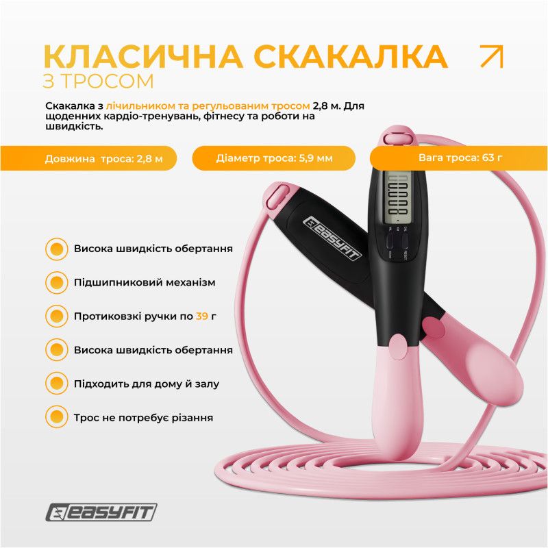 Скакалка швидкісна EasyFit TwinRope 2,8 м чорний-рожевий  фото 5