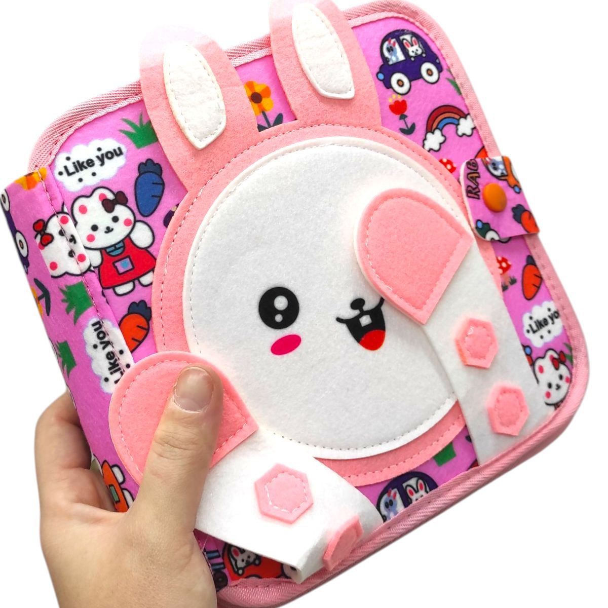 Мягкая книжка-бизиборд (фетр, пальчиковые игры, цифры, сортер по цвету, пискавка, элементы на липучках и кнопках)  фото 6