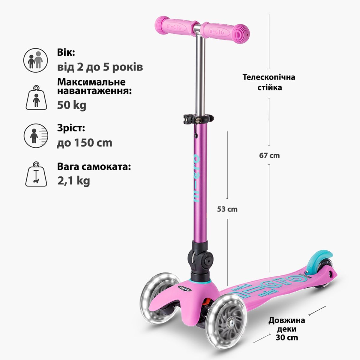 Самокат MICRO складной серии Mini Deluxe Foldable LED – Лавандовый  фото 6