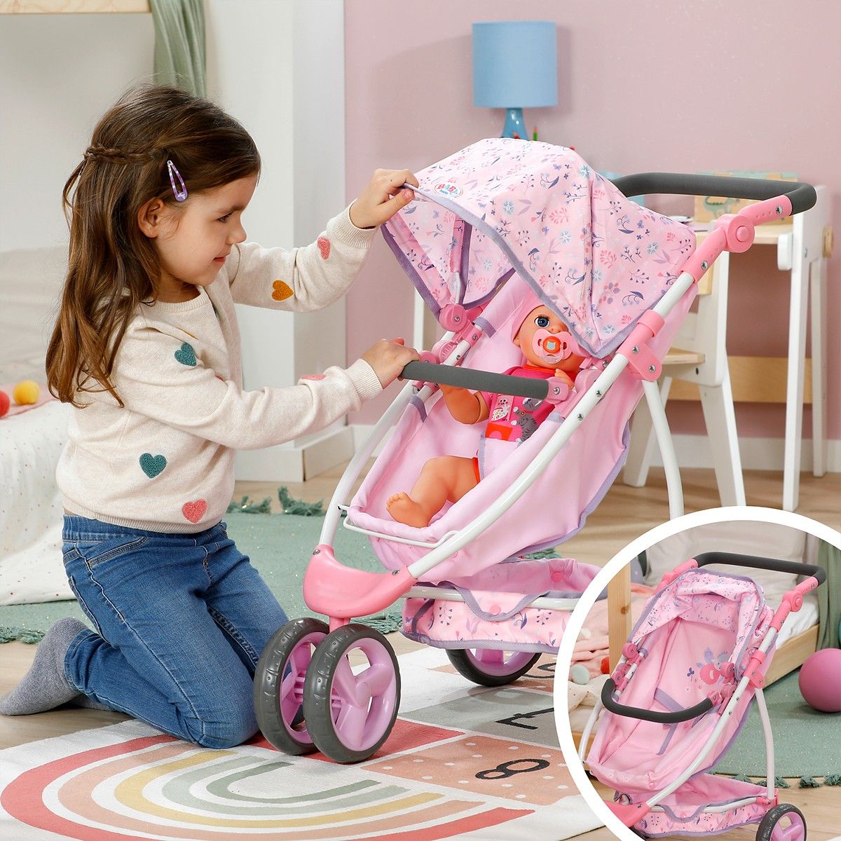 Трехколесная коляска для куклы Baby Born – Цветочный стиль Делюкс (складная)  фото 6