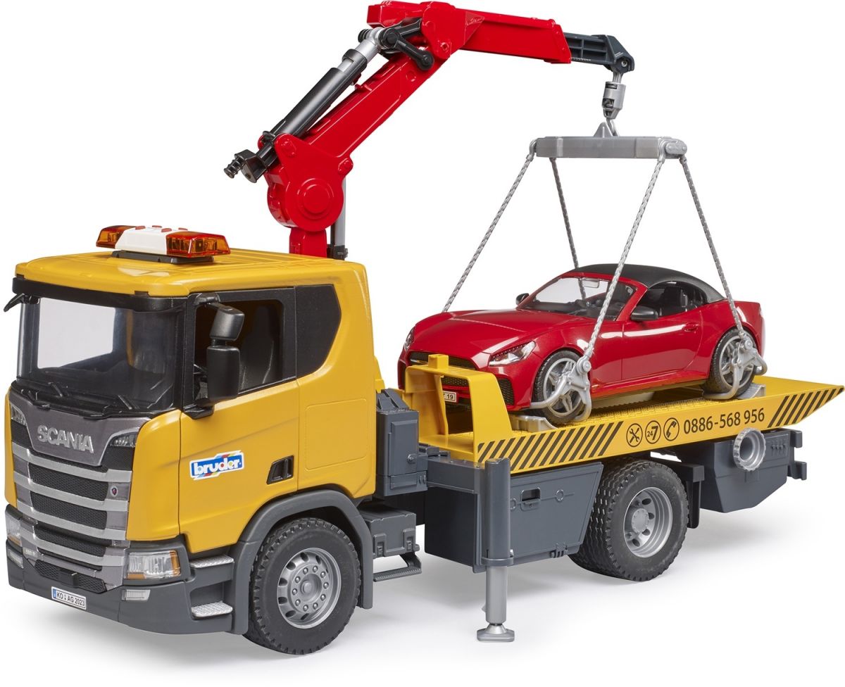 Набор игрушечный.  Эвакуатор Scania Super 560R с краном-манипулятором и автомобиль Roadster Bruder  фото 7