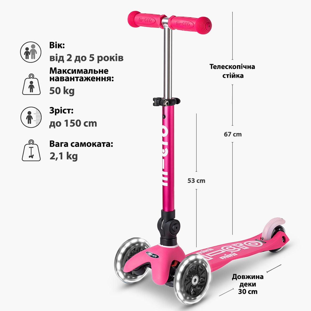 Самокат MICRO складний серії Mini Deluxe Foldable LED – Рожевий  фото 7