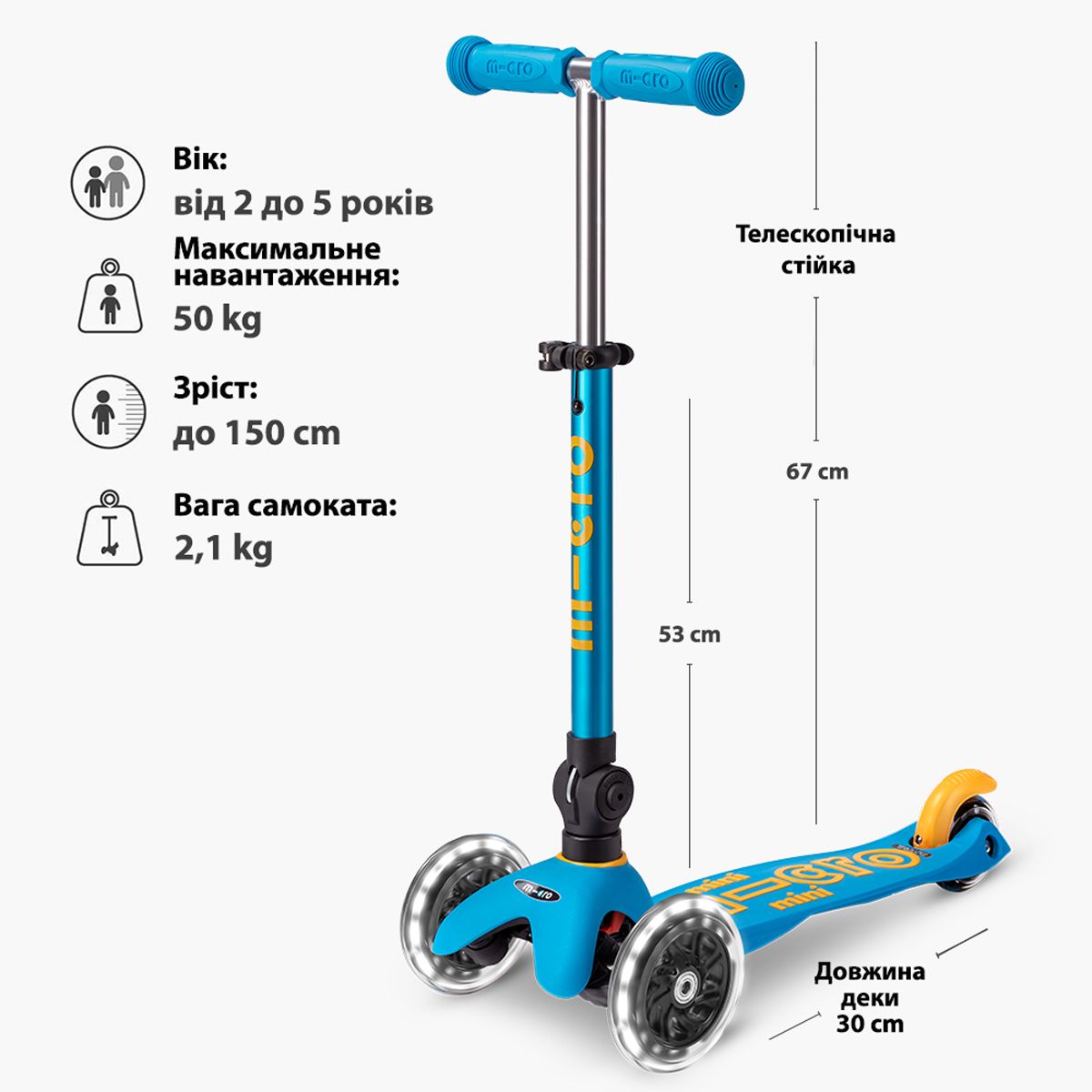 Самокат MICRO складной серии Mini Deluxe Foldable LED – Голубой океан  фото 8