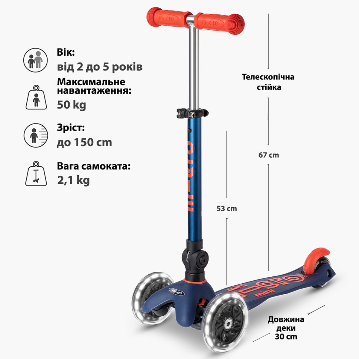 Самокат MICRO складний серії Mini Deluxe Foldable LED – Синій  фото 9