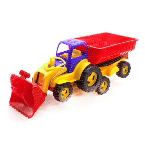 Трактор с ковшом и прицепом (сине-красный) фото